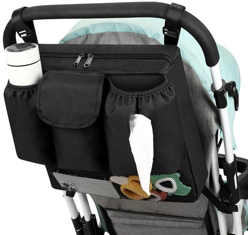 Accmor Stroller Organizer, Universal Large Capacity Stroller Bag Caddy Organizer Accessories for Uppababy, Nuna, Doona, Britax Strollers, Black