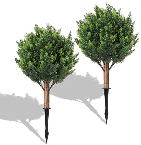 KANEODOT 24''Artificial Cedar Topiary Ball Trees for Outdoor,2 Pack Greenery Cypress Tree Plants with Ground Spike,UV Resistant Faux Pine Bushes Shrubs for Garden,Porch,Front,Patio