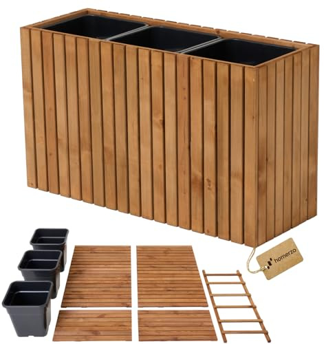 HOMERZO Jardinera de madera marrón para montar tú mismo, maceta rectangular grande para jardín y balcón, resistente a la intemperie, con inserto de 18 L, jardinera para exteriores (marrón vertical, 98
