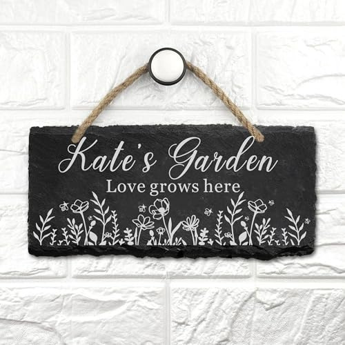 EDSG Personalised Garden Sign, Engraved Slate Garden Signs and Plaques for Outside, Custom House Signs Hanging Garden Ornaments Outdoor, Gardening Gifts for Women, Men, Mum, Dad (Design 2)