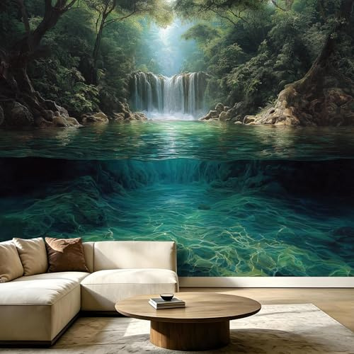 Générique Papier Peint Mural Salon - Jungle Cascade Plantes Lac - 400x280cm Papier Peint Panoramique Intissé Moderne, Paysage Naturel Décoration Murale 3D Tapisserie Photo