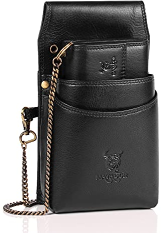 MATADOR Kellner Geldbörse Leder #VICIO inkl. XXL Kellnertasche mit Gürtel Schlaufe, Luxus Kellnerportemonnaie Leder mit edler Geschenk Box und RFID Schutz inkl. robuster Metall Kette, Schwarz Nappa