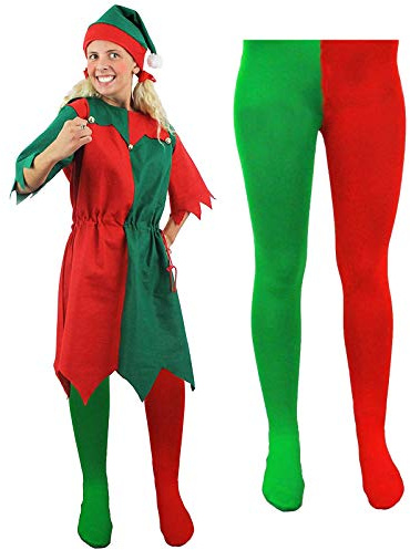 Damer älvdräkt jul fin klänning - röd/grön tunika + älvhatt med pom pom + grön/röda tights - fräck julälva tomtens grotto (UK 12/14)