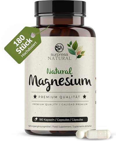 Surpresa Natural Magnesium Kapseln hochdosiert I 1x 180 Kapseln I 700mg Mg. Hydroxid aus Meerwasser I 224mg elementares Magnesium pro Kapsel I Nahrungsergänzungsmittel vegan & laborgeprüft