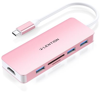 LENTION Hub USB C con HDMI 4K, 3 USB 3.0, Lector de Tarjeta SD/Micro SD para MacBook Pro 2026-2016, Nuevo Mac Air, MacBook Neo, Surface, iPhone 17 Plus Pro MAX y Más (C18, Oro Rosa)