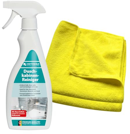 HOTREGA Duschkabinenreiniger 500ml | Kalkentferner inklusive 2 | Badreiniger gegen Seifenreste | Abperleffekt für Glas, Acryl & Fliesen | Streifenfreier Glanz ohne mühsames Schrubben
