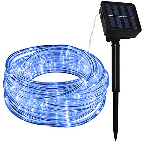 Lamker 10M 100 LED Manguera Guirnaldas Luces Solar Exterior 8 Modos Azul Iluminación IP65 Impermeable Cadena de Luz para Jardín Balcón Terraza Navidad Fiestas Luces de Hadas Guirnalda Decorativa