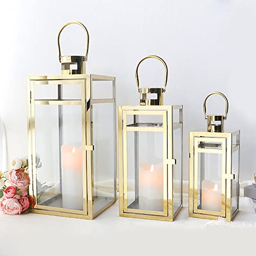 TRIROCKS 3er-Set Edelstahl Kerzenlaterne 48 cm 38 cm 30 cm Hoch Metall Kerzenhalter Mit Klaren Glasscheiben Für Heimdekoration Wohnzimmer Partys Drinnen Draußen (Gold)