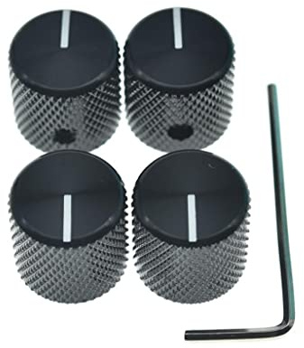 4 x Aluminium-Gitarren-/Bass-Regler, Lautstärke-/Tonregler, 6,35 mm (1/4 Zoll), Metall, Universal-Potentiometer, Topfknöpfe mit Stellschraube und Indikator für Tele/Telecaster/P-Bass, Schwarz