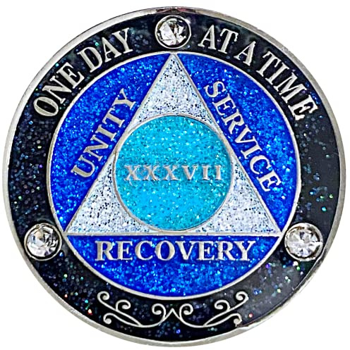 Simply Minimal (Years 1-50) AA 37 Year Crystals and Glitter Medallion, Silver Color Plated Coin, Black Rainbow, Blue Glitter and Three Clear Crystals, Epoxy Covered