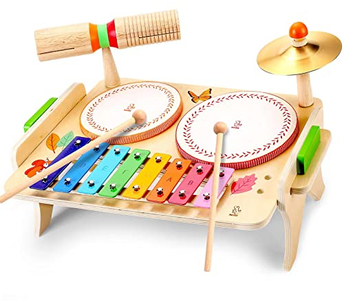 oathx Kinder Trommel Schlagzeug Set ab 1 Jahr,Kinderspielzeug Baby Musikspielzeug Musikinstrumente mit Xylophon,Holz Montessori Spielzeug Kindertrommel musikspielzeug für Kleinkinder Jungen Mädchen