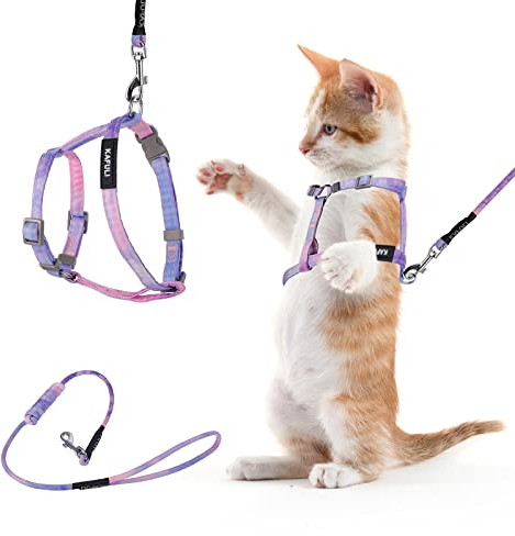 TIESOME Katzengeschirr mit Leine und Halsband Set, einstellbares Kätzchengeschirr mit Farbverlauf, ausbruchsicheres Geschirr mit Leine für Kätzchen beim Spaziergang im Freien (Farbverlauf lila)