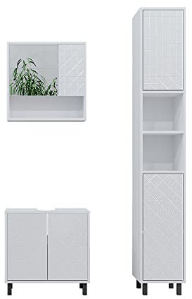 Vicco Badmöbel-Set Weiß Agasta, bestehend aus Bad Spiegelschrank, Waschbeckenunterschrank, Hochschrank - Mattes Finish für modernen Minimalismus