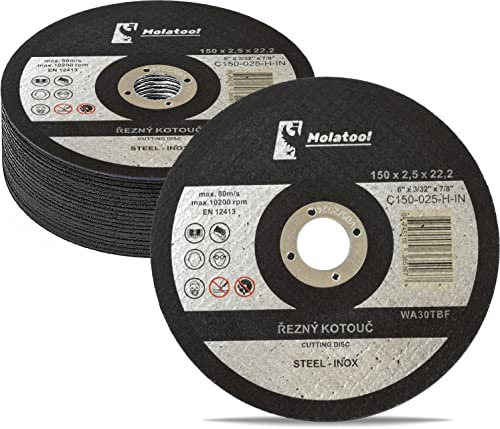 Molatool Disques de coupe standard 150 x 2,5 x 22,2 mm, 20 pièces pour métal, acier, acier inoxydable/inoxydable, boîte d'économie de 20 disques flexibles pour meuleuse d'angle