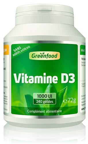 Greenfood Vitamine D3, 1000 UI, dose élevée, 240 gélules. Contribue à renforcer les os, les dents et le système immunitaire. Sans additifs artificiels, sans OGM, sans gluten, sans lactose, softgels.