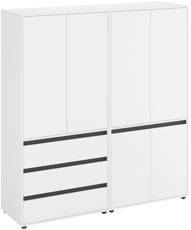 KOMTO Kleiderschrank Groß in Weiß - Schrank Schlafzimmer Kinderzimmer Mehrzweckschrank mit 6-türig & 3 Schubladen Garderobenschrank Flur | Drehtürenschrank Cube 180 x 192 x 53 cm