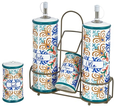 Baroni Home Menage Olio Aceto Sale Pepe in Ceramica con Stand in Metallo, Accessorio da Cucina Colorato Resistente, Linea Capri, 21X8X22cm