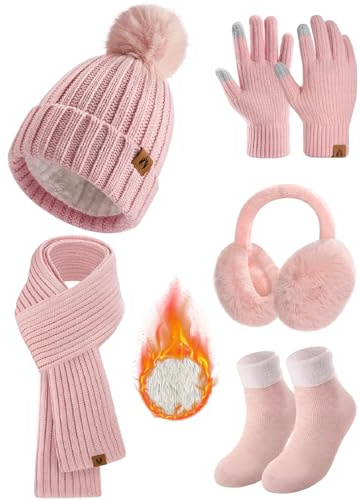 HEEKPEK Winter Beanie Hats Scarf Gloves Ear Muffs Fuzzy Socks 5pcs Set for Women Cold Weather Beanies Touch Screen Gloves (Pink)