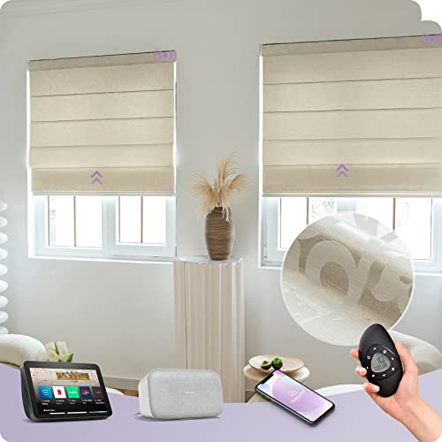 Graywind Customized Smart Roman Blinds 60% Blackout, Rechargeable Motorized Window Blinds Compatible with Alexa Google, Remote Control Electric Roman Shades Plain Fold, Floral Beige