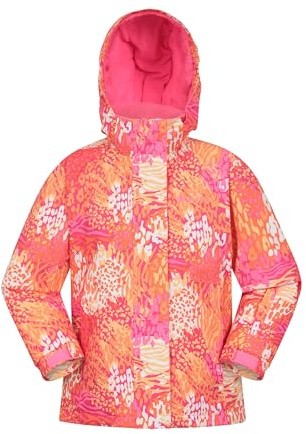 Mountain Warehouse Veste de Ski Snowdrop imprimée pour Enfant - Imperméable, Jupe Pare-Neige intégrée, Poches zippées, Capuche détachable, Poignets Ajustables, Hiver Orange Vif 2-3 Ans