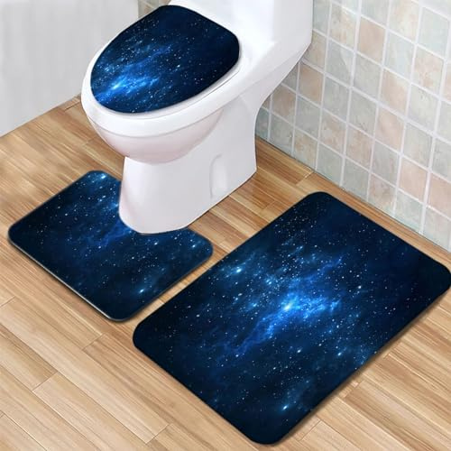 Badezimmerteppich Set Sternenhimmel blau Badgarnitur 3 Teilig Mikrofaser Badematten Set rutschfest U FöRmige Duschvorleger Super weich, Schnell Trocknend WC-Garnitur Teppich