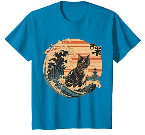 Chat Noir drôle Art Japonais The Great Wave Off Kanagawa Cat T-Shirt