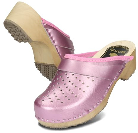 BeComfy Women's Clogs Wooden Shoes with Metallic Wood Sole Gold Silver Rose 35 36 37 38 39 40 41 EU, fuchsia, 6 UK