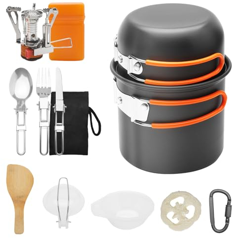 HENGBIRD Camping Geschirr Set, Campingkocher Set Faltbar Camping Kochgeschirr Set, Camping Kocher Set mit Edelstahl Besteck, Camping Töpfe für Gaskocher, Camping Kochset für Outdoor Picnick 1-2 Person