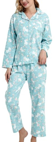 CHUNG Pigiama da donna in cotone spazzolato, a maniche lunghe, con bottoni, pantaloni in flanella, biancheria da notte accogliente e caldo, per l'inverno, taglie forti, Coniglietto Verde, S