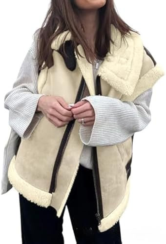 YongXinMY Chaleco de piel de oveja de ante para mujer, abrigo de piel de cordero con bolsillos, cremallera, sin mangas, cuello de solapa, chaleco de lana de oveja mullida, para motociclista, para