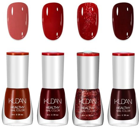 DMQ Red Nail Polish Sets, 4Pcs Wine Dark Red Cherry Burgundy Glitter Nail Varnish Kit - Non-Toxic Water Based Holographic Nail Gel - Nail Paint Nail Art Manicure Kit Gifts for Women