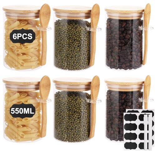 LOPYXBR 6Pcs Glass Storage Jars with Lids Airtight, 550ml/19 oz Glass Containers with Bamboo Lids, Overnight Oats Jars, Spice Jar with Lid and Labels for Tea Coffee Sugar Salt Spice