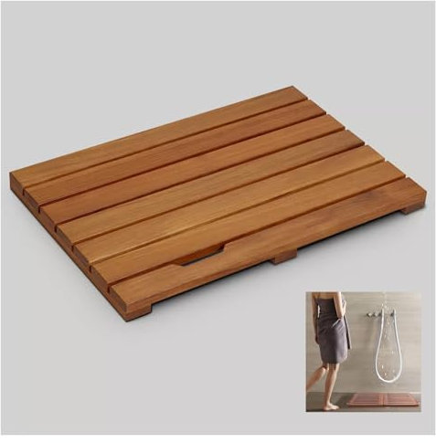 Rechteckige Badematte aus natürlichem Teakholz, rutschfeste Holzmatte für Innen- und Außenbereich, Dusche, Spa, Sauna, Camping, Khaki, 50,8 x 61 cm
