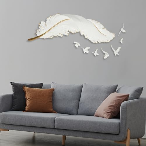 Feder Wanddeko Groß Moderne Einfache Wandskulpturen mit 7 Fliegende Vögel, Leichtes und Strukturiertes Harzmaterial Aesthetic Room Decor für Zuhause Schlafzimmer Flur Wohnzimmer Badezimmer Büro
