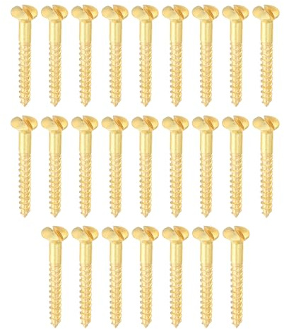 PATIKIL M2.5 x 20mm Slotted Wood Screw, 25 Pack Solid Brass Oval Head Flat Head Self Tapping Screws for Wood Furniture Connecting, Gold Tone