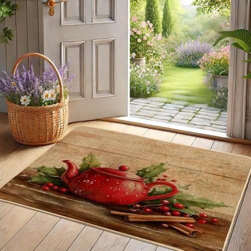 Zerbino a forma di teiera rossa a tema festivo, stile rustico, per inverno e Natale, decorazione per la casa, antiscivolo, impermeabile, per interni ed esterni, facile da pulire, 73 x 43 cm