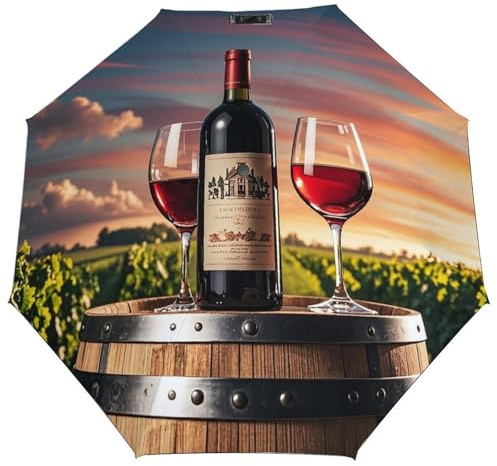MNVTSKOP Compact Travel Umbrella Portable Windproof Folding Umbrellas Wooden Wine Barrel on Wine Bottle UV Sun Protection Umbrellas Wind Resistant Rain Collapsible Umbrella Manual