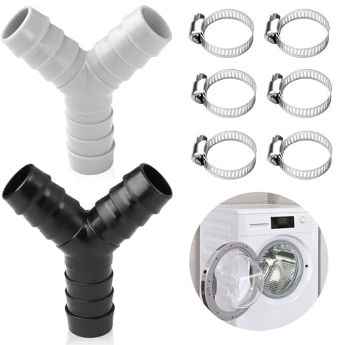 2 Way Y Splitter Pipes, Double Waste Pipe Connector Compatible with 20mm Diameter Hose of Washing Machine and Dishwasher Drain Hose Adapters with 6 Pcs Diameter 16-25mm Hose Clamps (Black+Gray)