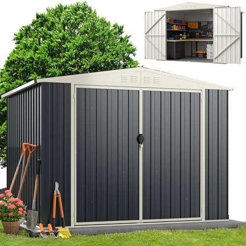 RELAX4LIFE Abri de Jardin en Métal 8M³ 5M², Cabane à Outils 246x193x180CM avec Porte Verrouillable, Toit Incliné, Fenêtre de Ventilation pour Outils Vélo Poubelle (Gris+Blanc)