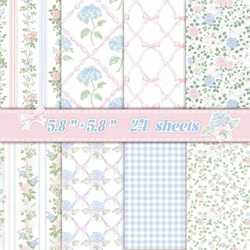 Lot de 24 feuilles de papier doux et esthétique pour scrapbooking – Motifs pastel d'inspiration vintage avec hortensia, rose et vichy | Papier artisanal pour scrapbooking