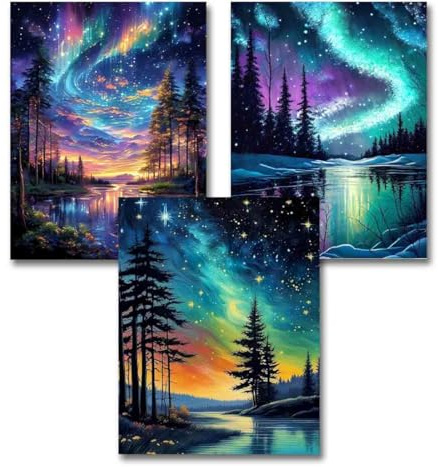 3 Pack Aurora Stamped Cross Stitch Kits for Adults - Landscape Embroidery Kits for Beginners Adults,11 CT Patterns Dimensions Counted Cross Stitch Kits for Adults Arts Craft 12x16 inch