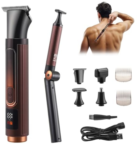 Back Shaver for Men, Mens Electric Back Shaver Body Grooming Kit, Cordless Back Hair Trimmer with Foldable Extendable Long Handle,Nose Hair Trimmer,Beard Trimmer,LED Display for Back Chest Face