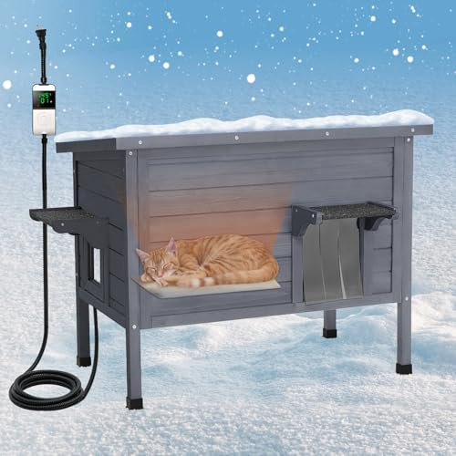Ciokea Heated Outdoor Cat House with Heating Pad - Weatherproof Insulated Feral Cat Shelter for Winter, Escape Door & PVC Curtain, Grey