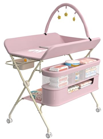 OHMG Table à Langer Pliable, Plan à Langer avec Panier Latéral et roulettes et 3 Jouets,Organiseur de Couches 5 Réglable en Hauteur, Rangement Multifonction pour Chambres d'enfant，75x68x83-91cm