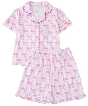 JiAmy pyjamas för flickor, sommar, kortärmad nattkläder, button-down-båge, tryck, pyjamas, 2-delat set, nattkläder, 7-12 år, Rosa rosett, 10-11 Years