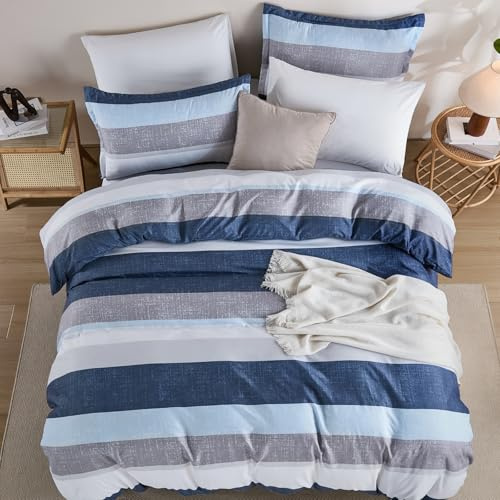WONGS BEDDING Double Duvet Cover Set Wide Striped Bedding Soft Microfiber Duvet Sets Double Bed with 2 Pillowcases, Blue, 200x200cm