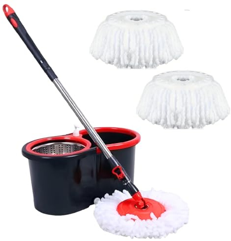 Spin Mop and Bucket Set 10L – 360° Rotating Microfibre Mop with Stainless Steel Handle, Spinner 2 Refill Pads Easy Self-Wringing Wet & Dry Floor Cleaner Black/Red
