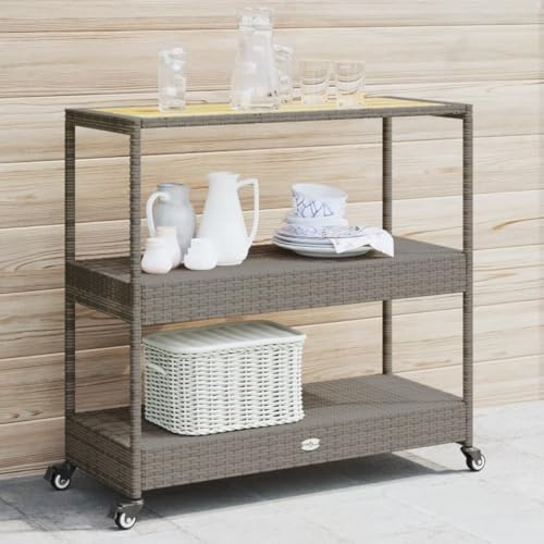 INLIFE Barwagen 3 Böden Grau Poly Rattan und Massivholz Akazie,Möbel,Kücheninseln & Küchenwagen,Küchenwagen,Grau,13.6 KG,368724