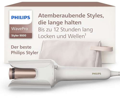 Philips WavePro 9000 – technologie SenseIQ et cylindre réglable pour boucles et ondulations, modelage des mèches à 360° pour un style qui dure, pochette beauté, coloris blanc, modèle BHB968/10