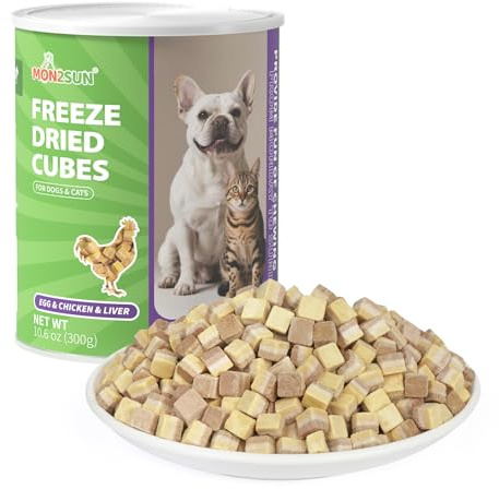 MON2SUN Triple-Layer Freeze Dried Cat & Dog Treats, Chicken, Egg & Chicken Liver Recipe Cube, Grain-Free High Protein Snacks, All Natural Food Topper or Training Rewards, 10.6oz